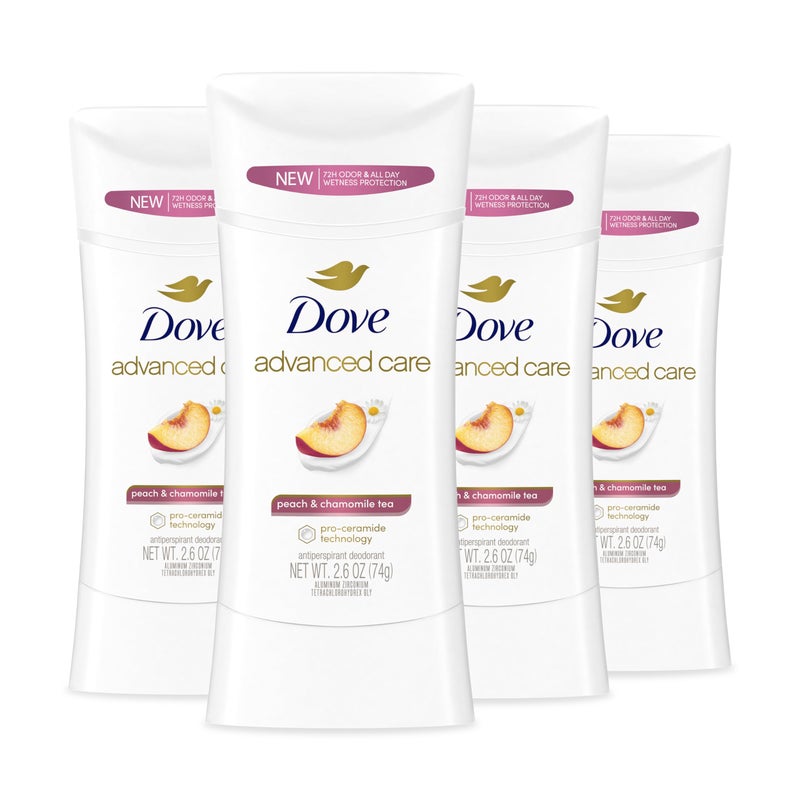 Dove Advanced Care Antiperspirant Deodorant Stick Peach  Chamomile Tea 4 Count for helping your skin barrier repair after shaving 72 hour odor control and allday sweat protection 26 oz
